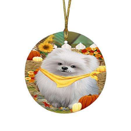 Fall Autumn Greeting Pomeranian Dog with Pumpkins Round Flat Christmas Ornament RFPOR50806