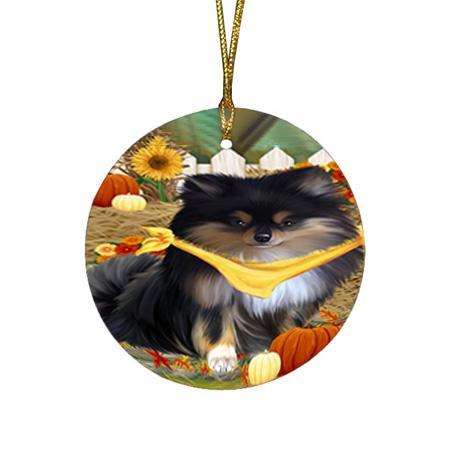 Fall Autumn Greeting Pomeranian Dog with Pumpkins Round Flat Christmas Ornament RFPOR50807
