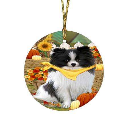 Fall Autumn Greeting Pomeranian Dog with Pumpkins Round Flat Christmas Ornament RFPOR50808