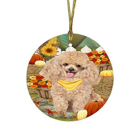 Fall Autumn Greeting Poodle Dog with Pumpkins Round Flat Christmas Ornament RFPOR50811