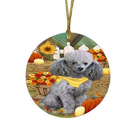 Fall Autumn Greeting Poodle Dog with Pumpkins Round Flat Christmas Ornament RFPOR50813