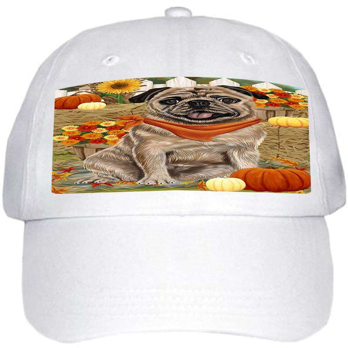 Fall Autumn Greeting Pug Dog with Pumpkins Ball Hat Cap HAT56241