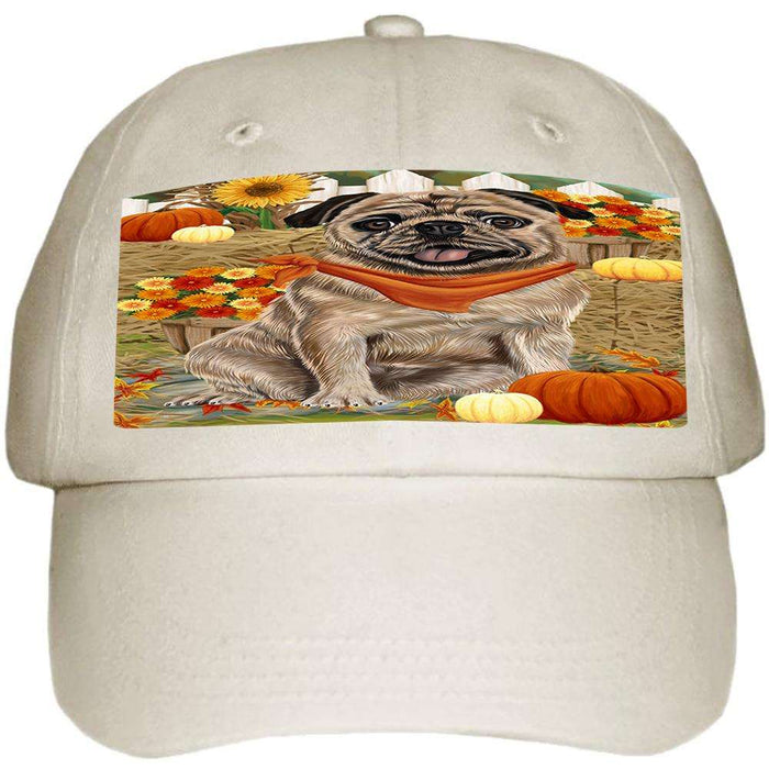 Fall Autumn Greeting Pug Dog with Pumpkins Ball Hat Cap HAT56241