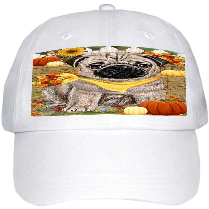 Fall Autumn Greeting Pug Dog with Pumpkins Ball Hat Cap HAT56244