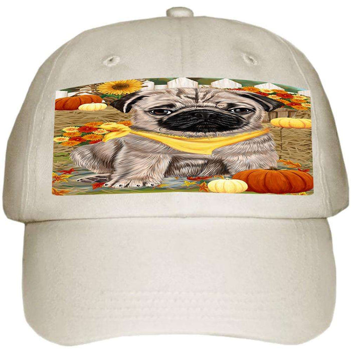 Fall Autumn Greeting Pug Dog with Pumpkins Ball Hat Cap HAT56244