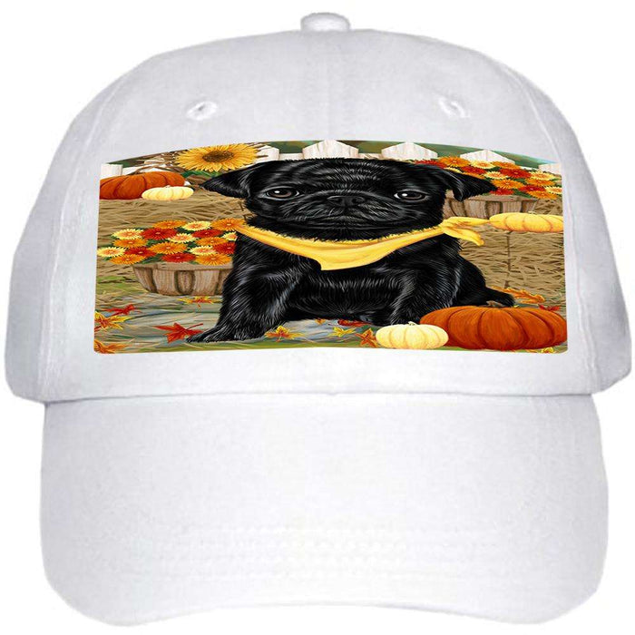 Fall Autumn Greeting Pug Dog with Pumpkins Ball Hat Cap HAT56247