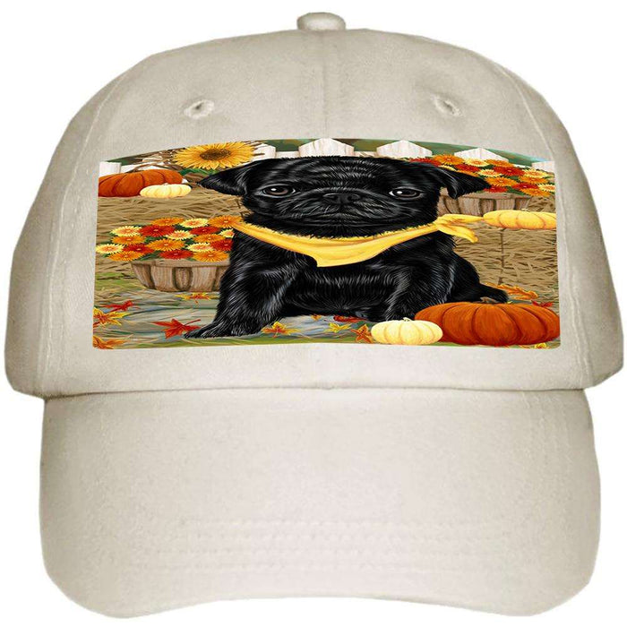 Fall Autumn Greeting Pug Dog with Pumpkins Ball Hat Cap HAT56247