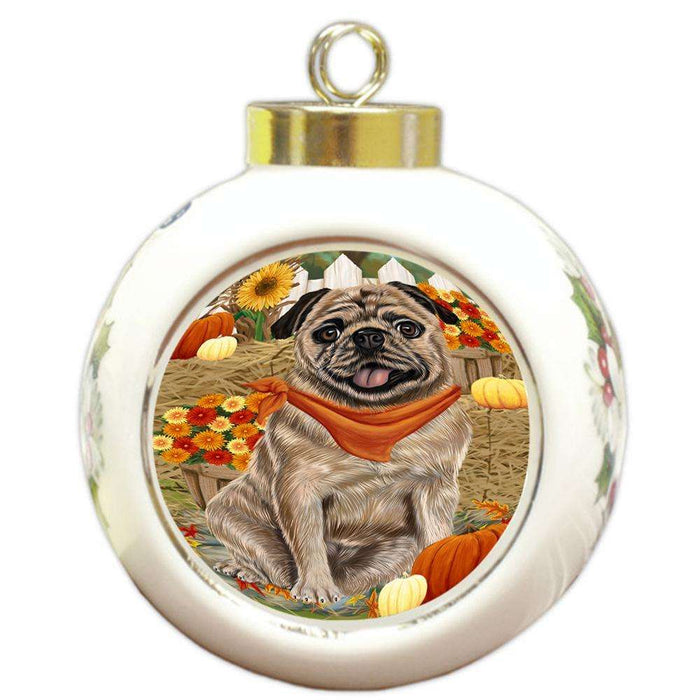 Fall Autumn Greeting Pug Dog with Pumpkins Round Ball Christmas Ornament RBPOR50824