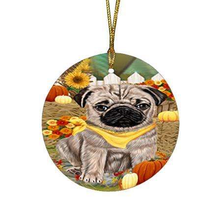 Fall Autumn Greeting Pug Dog with Pumpkins Round Flat Christmas Ornament RFPOR50816