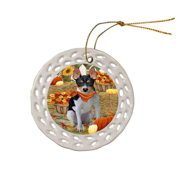 Fall Autumn Greeting Rat Terrier Dog with Pumpkins Ceramic Doily Ornament DPOR50827
