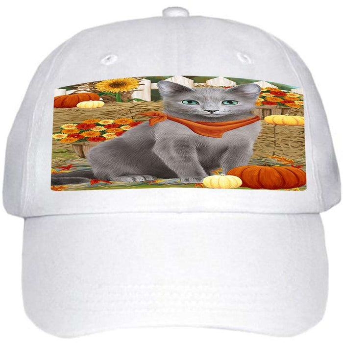 Fall Autumn Greeting Russian Blue Cat with Pumpkins Ball Hat Cap HAT60759