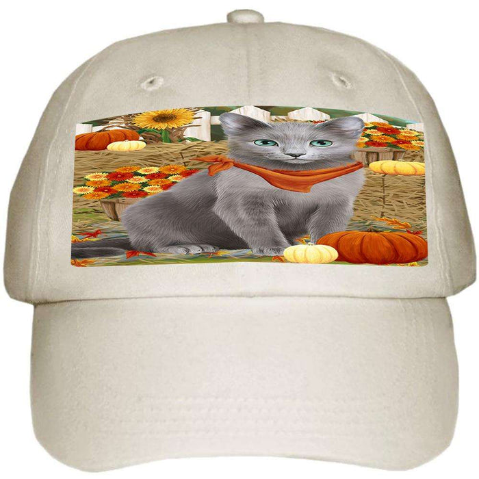 Fall Autumn Greeting Russian Blue Cat with Pumpkins Ball Hat Cap HAT60759