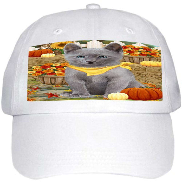 Fall Autumn Greeting Russian Blue Cat with Pumpkins Ball Hat Cap HAT60762