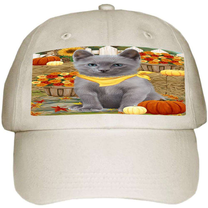 Fall Autumn Greeting Russian Blue Cat with Pumpkins Ball Hat Cap HAT60762