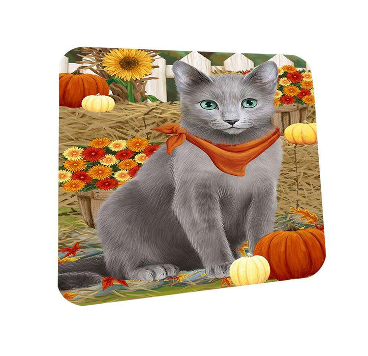 Fall Autumn Greeting Russian Blue Cat with Pumpkins Coasters Set of 4 CST52301