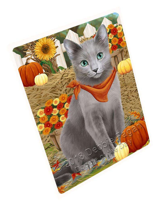 Fall Autumn Greeting Russian Blue Cat with Pumpkins Cutting Board C61119