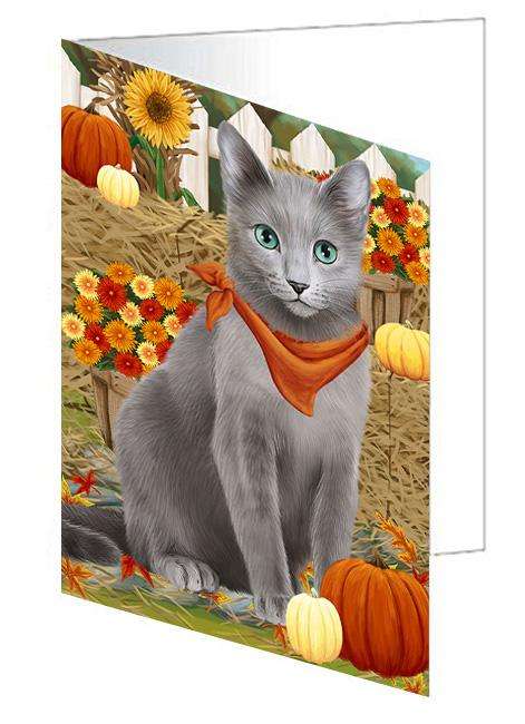 Fall Autumn Greeting Russian Blue Cat with Pumpkins Handmade Artwork Assorted Pets Greeting Cards and Note Cards with Envelopes for All Occasions and Holiday Seasons GCD61055