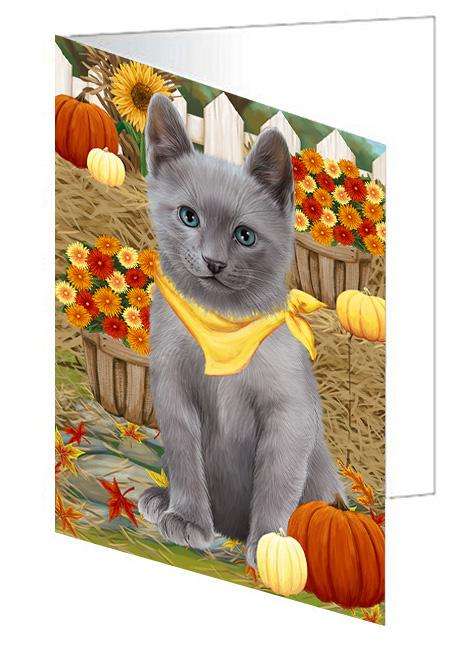 Fall Autumn Greeting Russian Blue Cat with Pumpkins Handmade Artwork Assorted Pets Greeting Cards and Note Cards with Envelopes for All Occasions and Holiday Seasons GCD61058