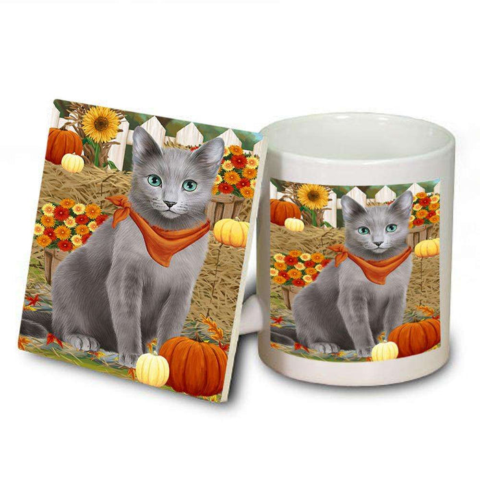 Fall Autumn Greeting Russian Blue Cat with Pumpkins Mug and Coaster Set MUC52334