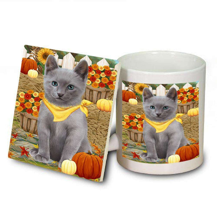 Fall Autumn Greeting Russian Blue Cat with Pumpkins Mug and Coaster Set MUC52335