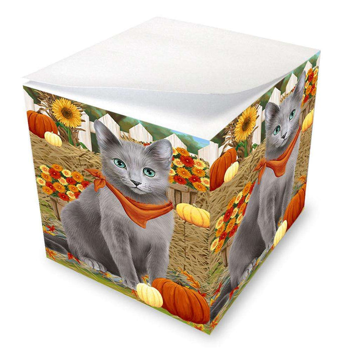 Fall Autumn Greeting Russian Blue Cat with Pumpkins Note Cube NOC52342