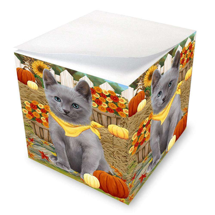 Fall Autumn Greeting Russian Blue Cat with Pumpkins Note Cube NOC52343