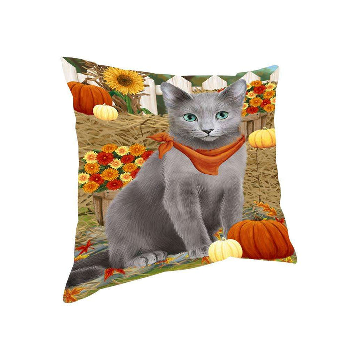 Fall Autumn Greeting Russian Blue Cat with Pumpkins Pillow PIL65524