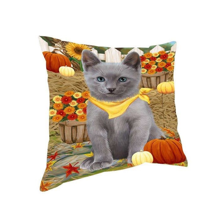 Fall Autumn Greeting Russian Blue Cat with Pumpkins Pillow PIL65528