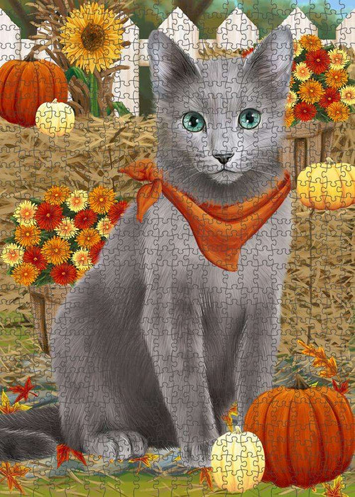 Fall Autumn Greeting Russian Blue Cat with Pumpkins Puzzle with Photo Tin PUZL60957