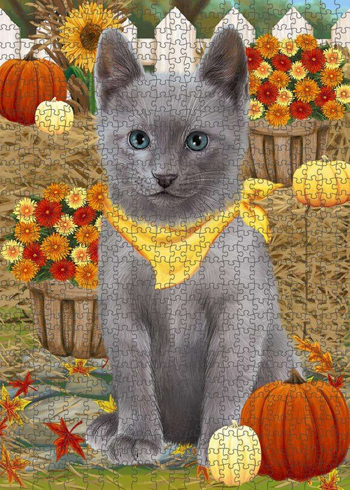 Fall Autumn Greeting Russian Blue Cat with Pumpkins Puzzle with Photo Tin PUZL60960