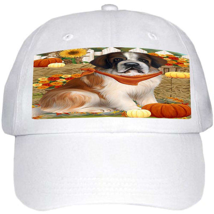 Fall Autumn Greeting Saint Bernard Dog with Pumpkins Ball Hat Cap HAT56271