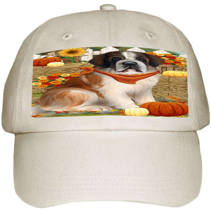 Fall Autumn Greeting Saint Bernard Dog with Pumpkins Ball Hat Cap HAT56271
