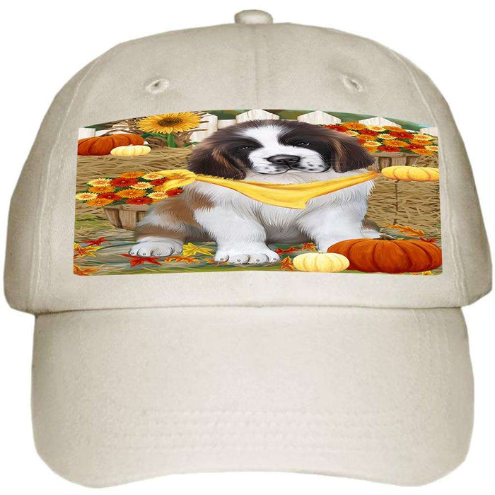 Fall Autumn Greeting Saint Bernard Dog with Pumpkins Ball Hat Cap HAT56274