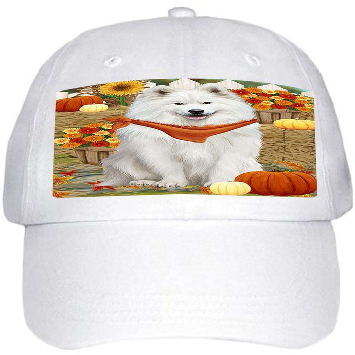 Fall Autumn Greeting Samoyed Dog with Pumpkins Ball Hat Cap HAT56277