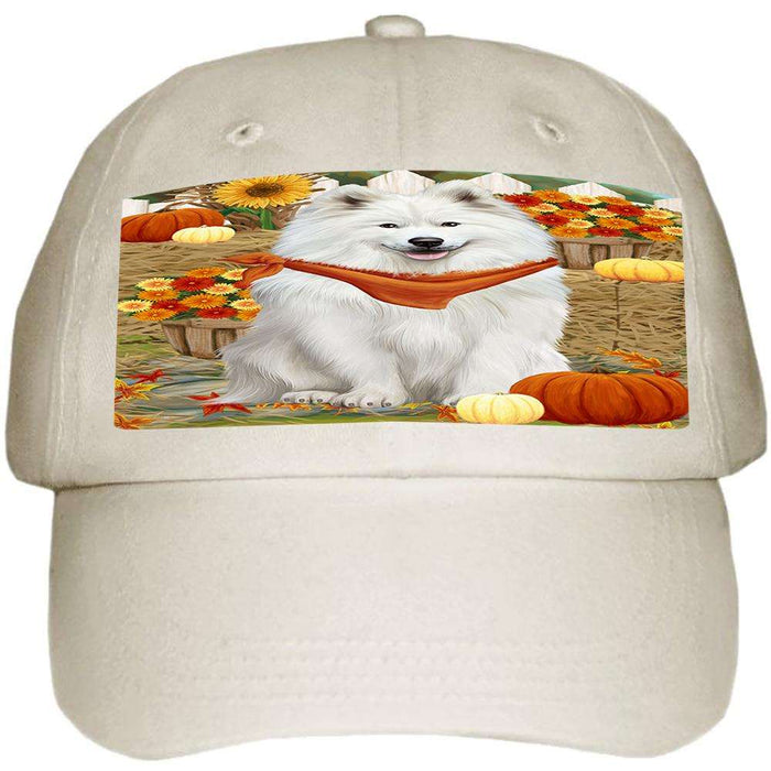 Fall Autumn Greeting Samoyed Dog with Pumpkins Ball Hat Cap HAT56277
