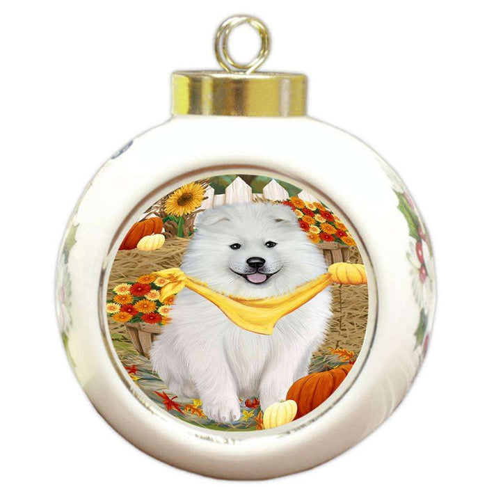 Fall Autumn Greeting Samoyed Dog with Pumpkins Round Ball Christmas Ornament RBPOR50837