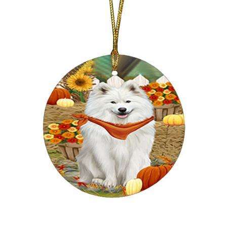 Fall Autumn Greeting Samoyed Dog with Pumpkins Round Flat Christmas Ornament RFPOR50827