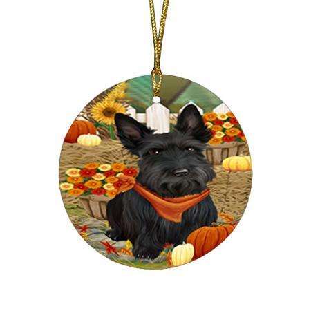 Fall Autumn Greeting Scottish Terrier Dog with Pumpkins Round Flat Christmas Ornament RFPOR50833