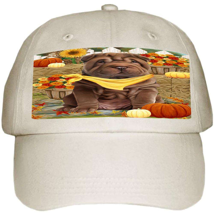Fall Autumn Greeting Shar Pei Dog with Pumpkins Ball Hat Cap HAT56310