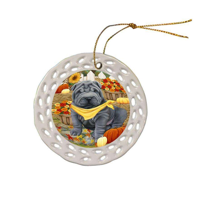 Fall Autumn Greeting Shar Pei Dog with Pumpkins Ceramic Doily Ornament DPOR50848