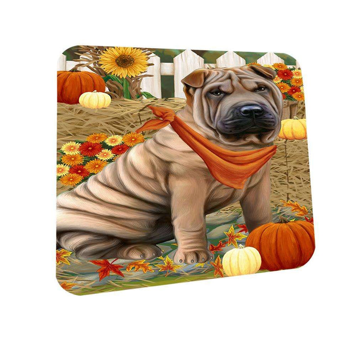 Fall Autumn Greeting Shar Pei Dog with Pumpkins Coasters Set of 4 CST50803