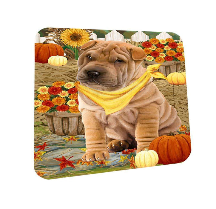 Fall Autumn Greeting Shar Pei Dog with Pumpkins Coasters Set of 4 CST50804