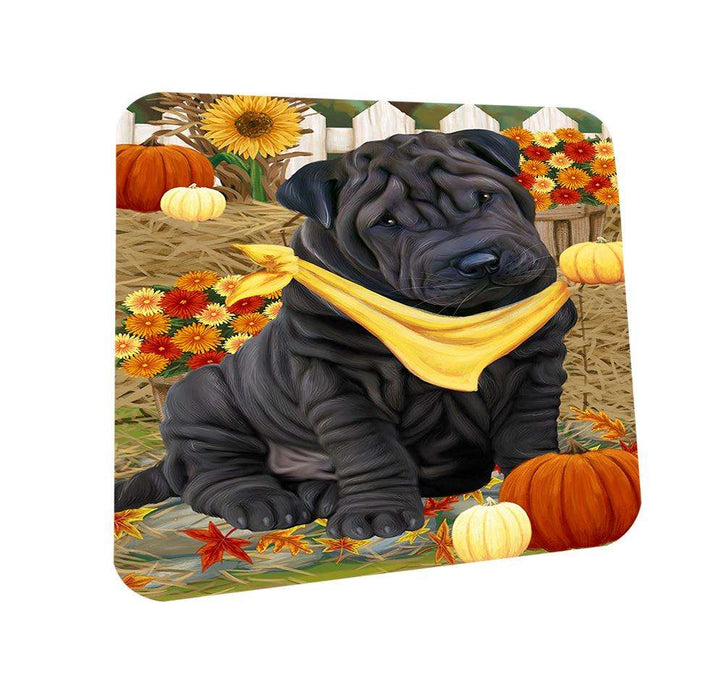 Fall Autumn Greeting Shar Pei Dog with Pumpkins Coasters Set of 4 CST50805