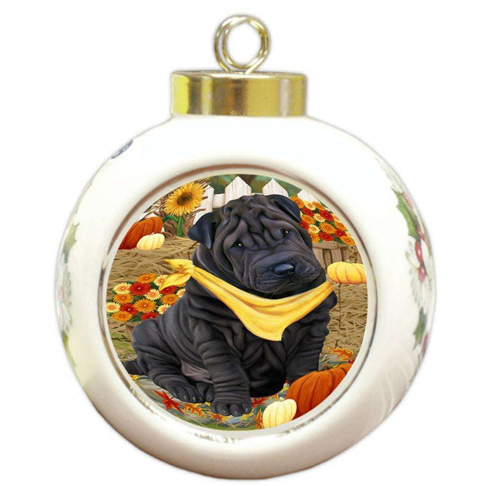 Fall Autumn Greeting Shar Pei Dog with Pumpkins Round Ball Christmas Ornament RBPOR50846
