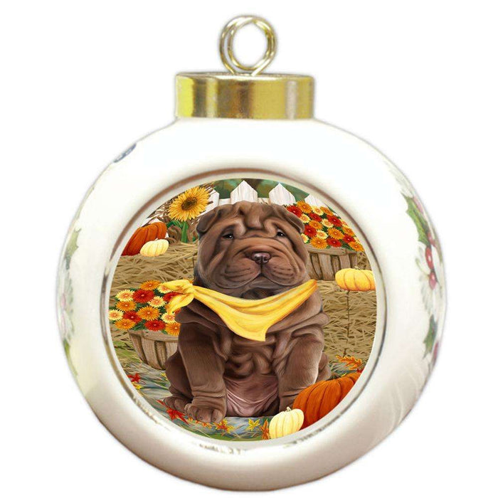 Fall Autumn Greeting Shar Pei Dog with Pumpkins Round Ball Christmas Ornament RBPOR50847