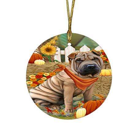 Fall Autumn Greeting Shar Pei Dog with Pumpkins Round Flat Christmas Ornament RFPOR50835