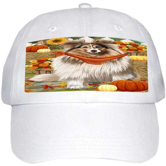 Fall Autumn Greeting Shetland Sheepdog with Pumpkins Ball Hat Cap HAT56316
