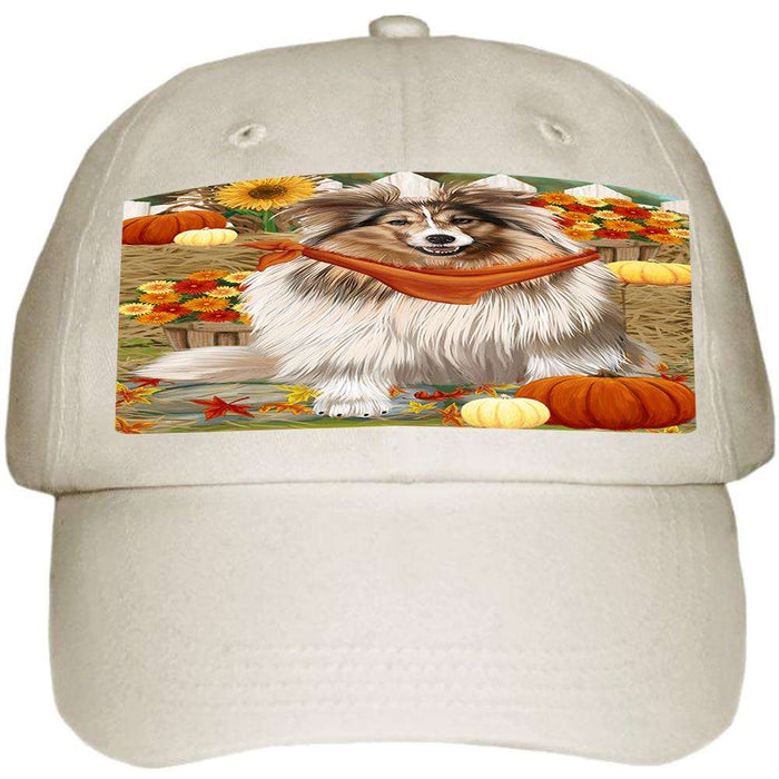 Fall Autumn Greeting Shetland Sheepdog with Pumpkins Ball Hat Cap HAT56316
