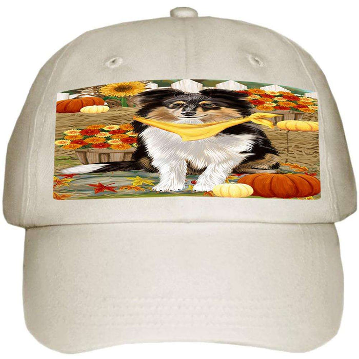 Fall Autumn Greeting Shetland Sheepdog with Pumpkins Ball Hat Cap HAT56319