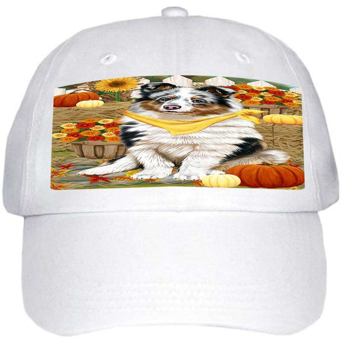 Fall Autumn Greeting Shetland Sheepdog with Pumpkins Ball Hat Cap HAT56322
